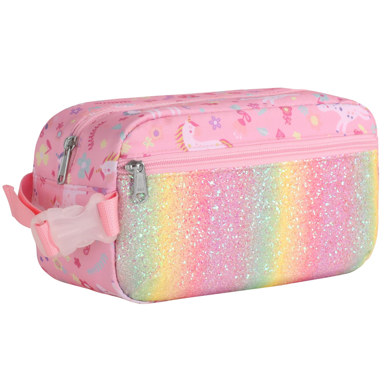 Bagseri Kids Snack Bag Girls - Small Reusable Mini Cooler Pouch, Insulated 3.9L Food Carrier with Buckle Handle for School and Daycare, Fits in Backpack, Glitter Pink Unicorn