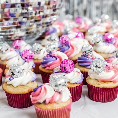 JOERSH 24pcs Disco Ball Cupcake Toppers - 1970s Disco Ball Picks Disco Theme Cake Decorations for Disco Theme Party 70s Disco Party Favor (Pink, Silver)