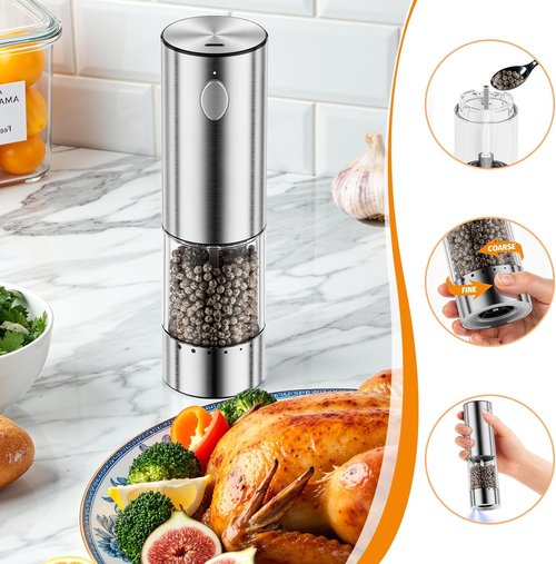 HomeHacks Electric Salt and Pepper Grinder Set - Rechargeable Type-C with LED Light, Stainless Steel, 6 Coarseness Levels, Perfect Valentine's Gift