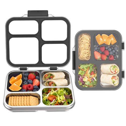Eoika Stainless Steel Bento Box for Kids with Silicone Container, 4 Compartment Metal Lunch Box Kids Adults, Removable Silicone Seal & Clear Lid, Leak Proof Food Storage Container for MealBlack