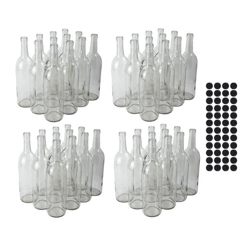 FastRack 750ml Glass Bordeaux Wine Bottle includes Black PLASTIC Caps - 4 Cases of 12 (48 Bottles) - Clear/Flint (Flat-Bottomed - SCREW TOP)