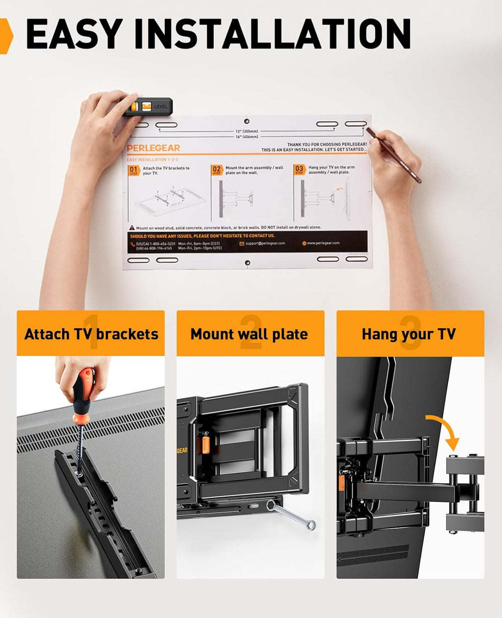 Perlegear Full Motion TV Wall Mount - Heavy Duty Bracket for 42-86 Inch TVs, Swivel & Tilt, Max VESA 600x400mm