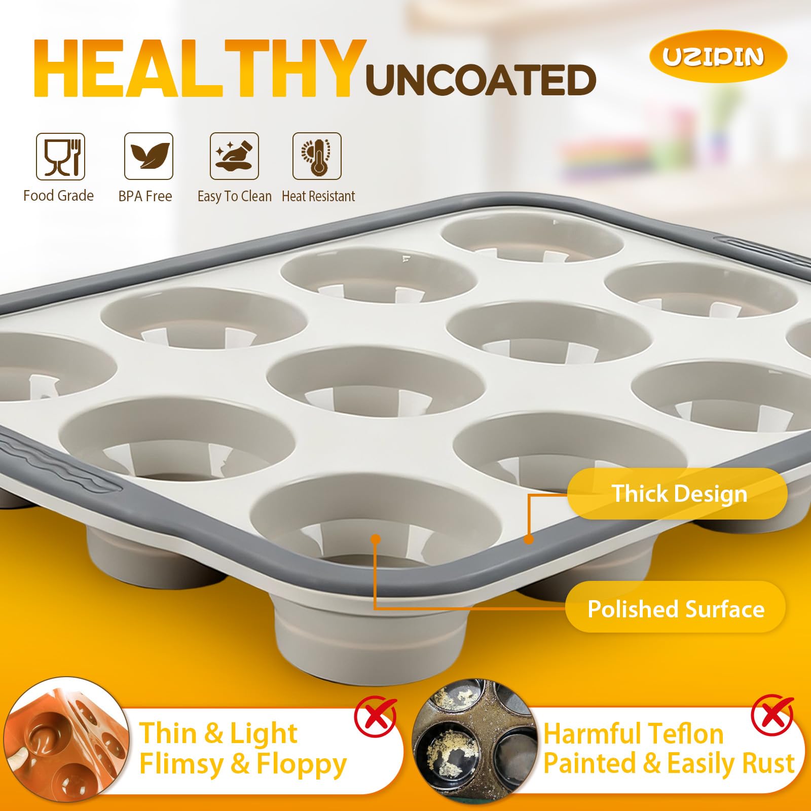 UZIPIN Silicone Muffin Pan, 12 Cups Non-Stick Cupcake Pan, Food-Grade BPA-Free Muffin Tin, Oven-Safe 450 °F, Reinforced Steel Frame, Easy-Grab Handles, Quick-Release 2.3" Baking Molds for Mini Treats