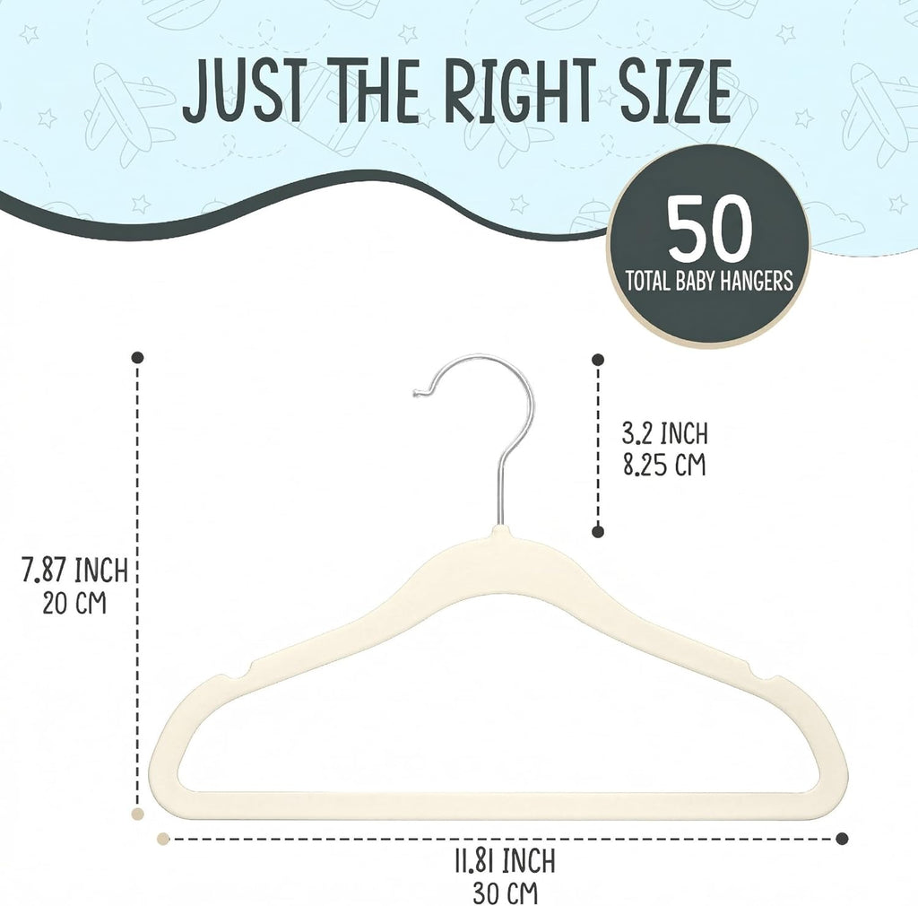 TechZoo 50 Premium Baby Velvet Hangers - Non-Slip, Ultra-Slim Space-Saving Design - 360° Swivel Hook, Ivory