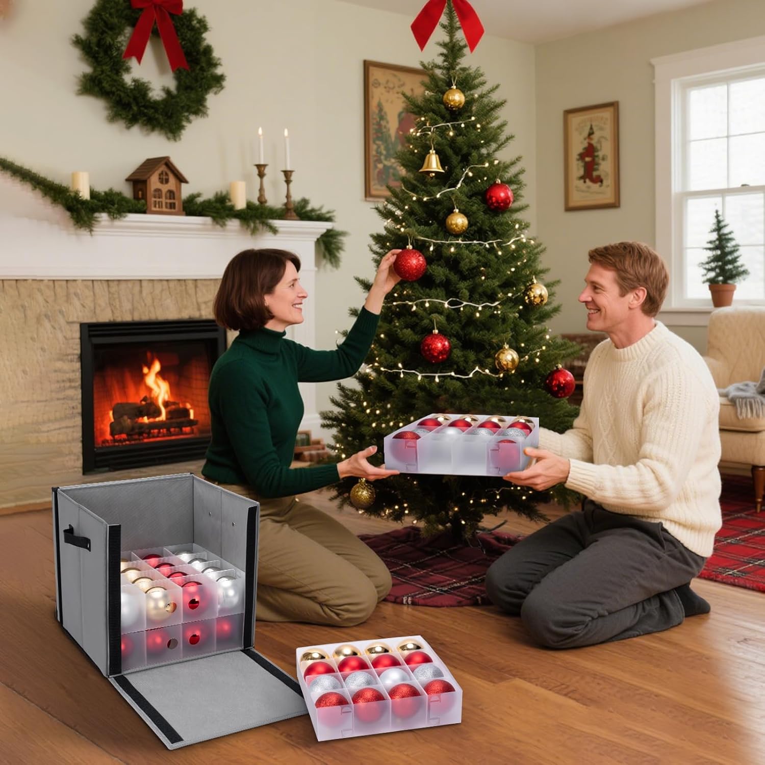 BALEINE Christmas Ornament Storage Box - Premium Red Container with Dividers for 64 Balls