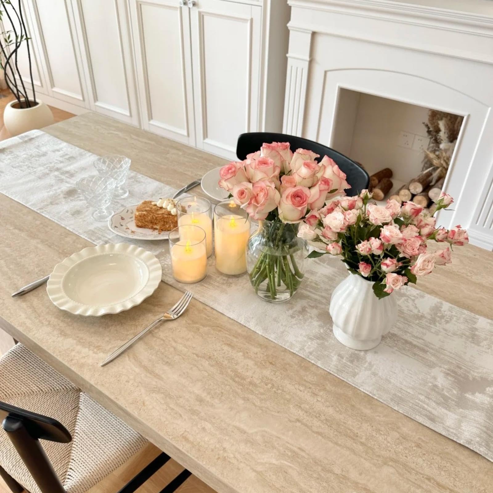 ZIWUROAD Beige Table Runner, Cotton Polyester Kitchen Dining Table Decoration for Fall Home Decor 12x90 Inch