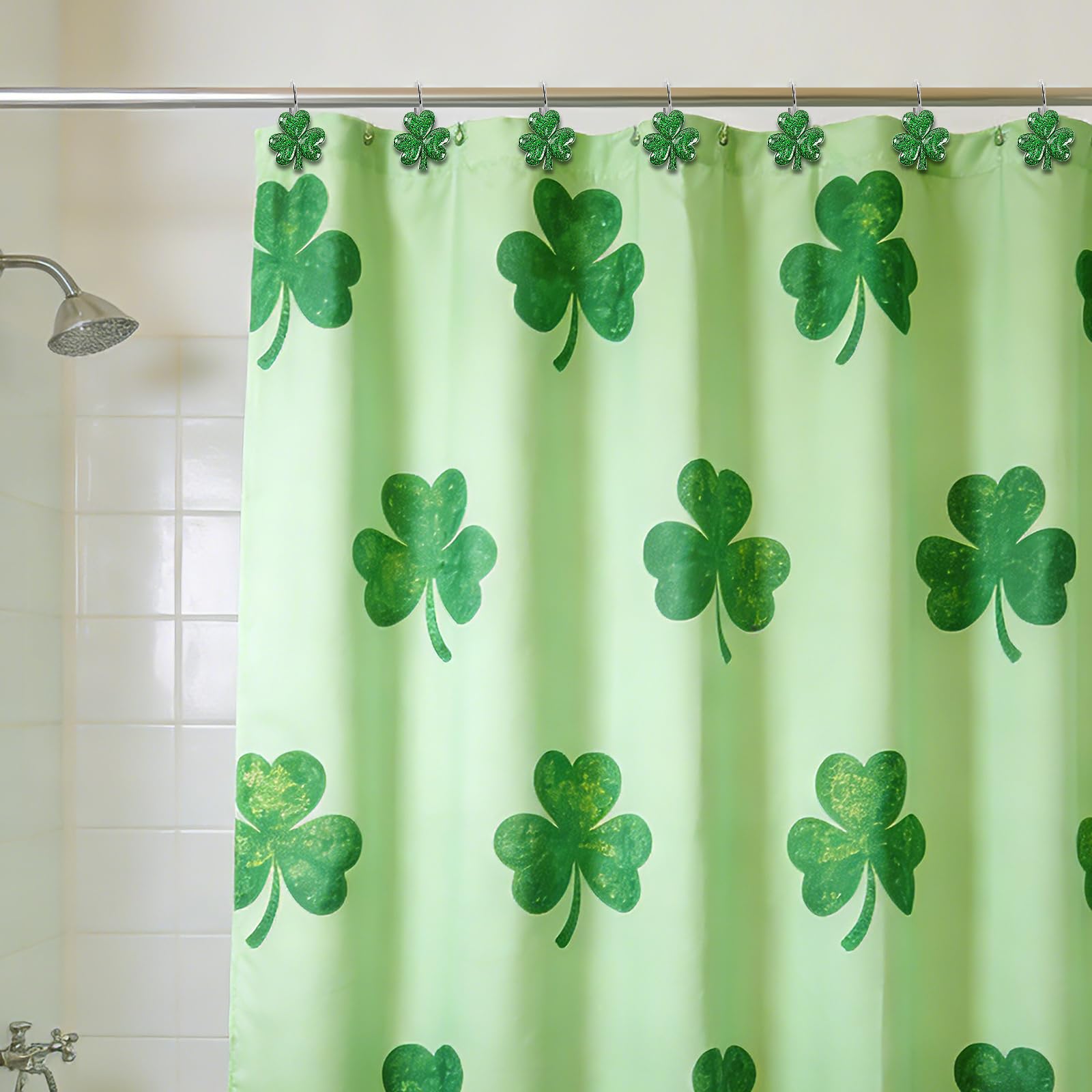 BOARDFEB Sparkling Shamrock Shower Curtain Hooks, 12Pcs St. Patrick's Day Decor with Glitter Clover Design for Festive Bathroom Party Accents