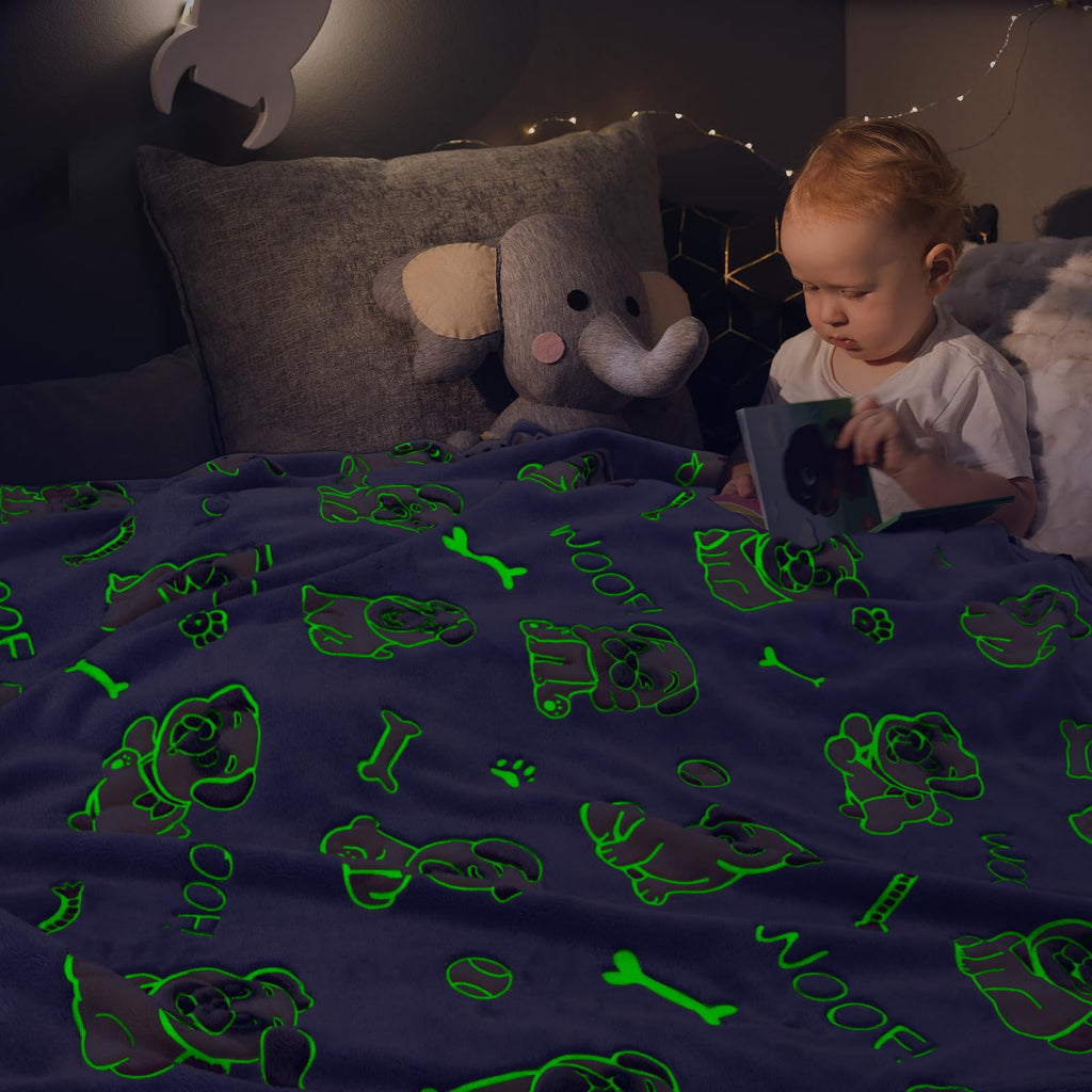 ORDM Glow in The Dark Blanket Dog Pattern Blankets Pug Gifts for Pug Lovers Doggy Throw Blanket Fleece for Kids Adults