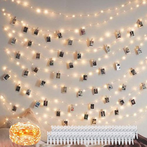 Decute 100 LED String Lights - 50 Photo Clips for Hanging Pictures | 33FT Warm White Fairy Lights for Bedroom, Wedding, Christmas Decor