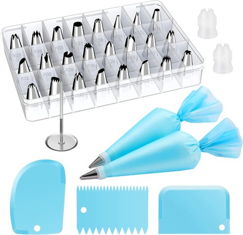 Kootek 32-Piece Cake Decorating Kit - 24 Icing Piping Tips & 2 Reusable 12-Inch Pastry Bags