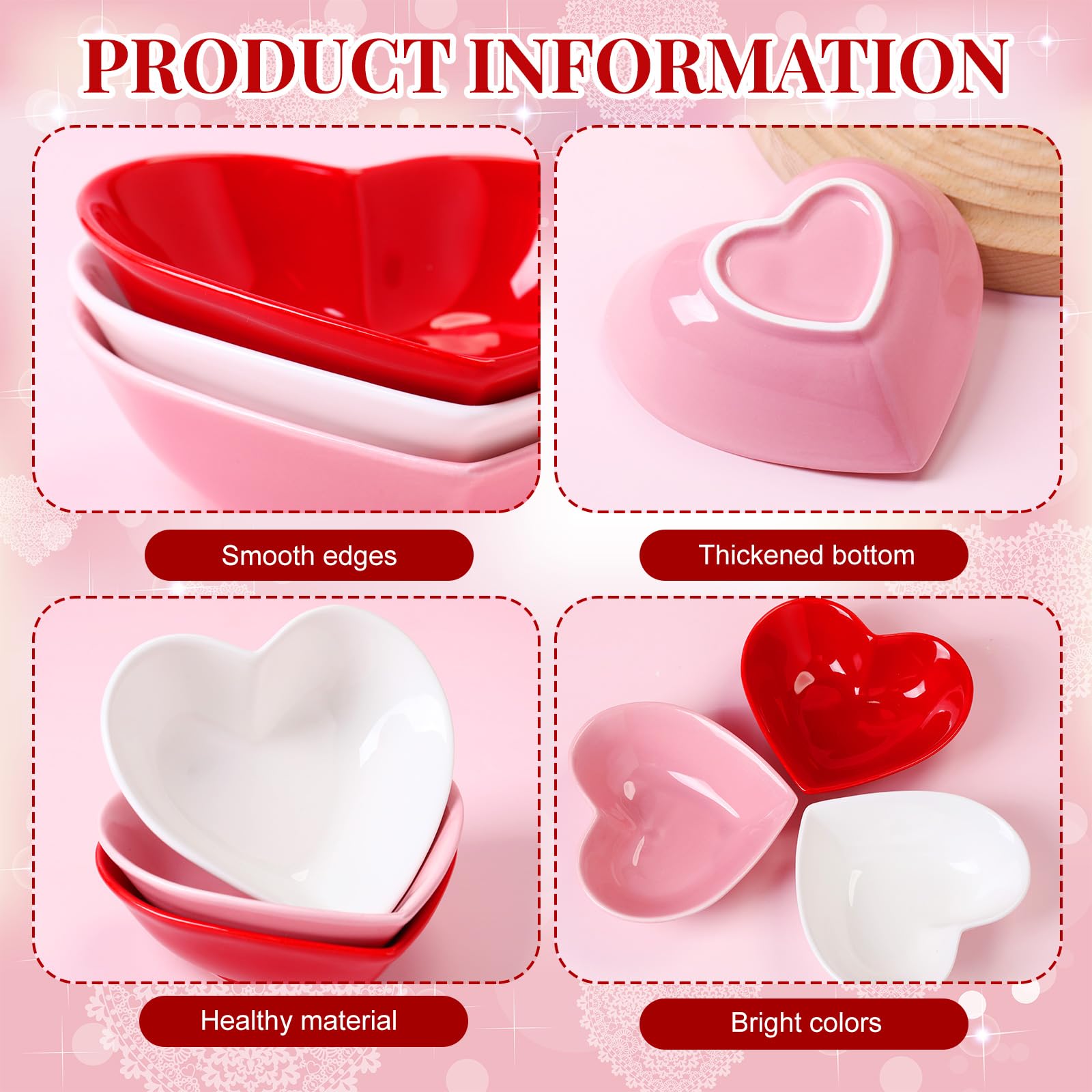 Tioncy 3 Pcs Heart Shaped Ceramic Bowls Valentine's Day Salad Bowls 5 Inch Love Heart Appetizer Plates, Dessert Snack Dishes Gifts for Valentine's Day Party Wedding Birthday Party Red Pink White