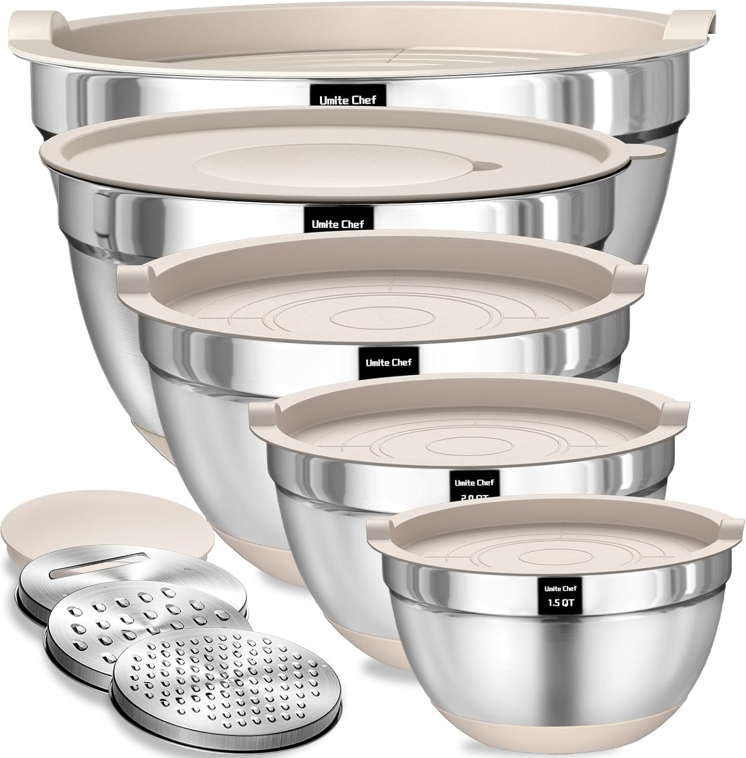 Umite Chef Mixing Bowls Set - 8PCS Stainless Steel Nesting Bowls with Airtight Lids & Grater | Non-Slip Bottoms, Khaki, 1.5QT to 5QT