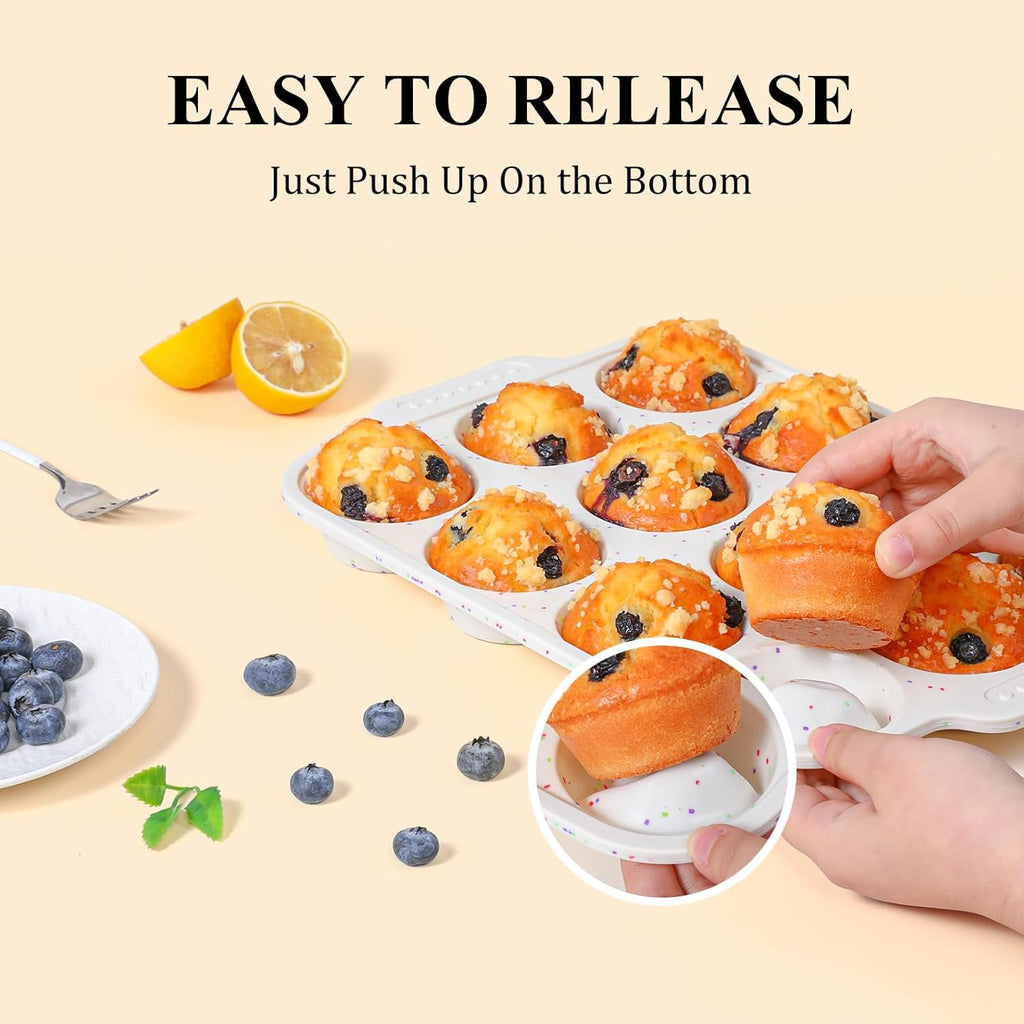 Vinino Silicone Muffin Pan - 2-Pack Nonstick Baking Tray with Metal Reinforced Frame | 12 Cups, BPA Free