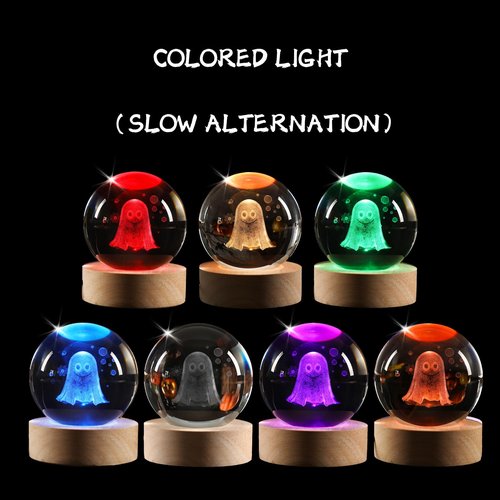 YummyCarrot 3D K9 Ghost Crystal Ball Night Light,2.36inch Smiling Spooky Ghost Crystal Lamp with Wooden Base for Birthday Gift, Birthday Lamp, Birthday Decor