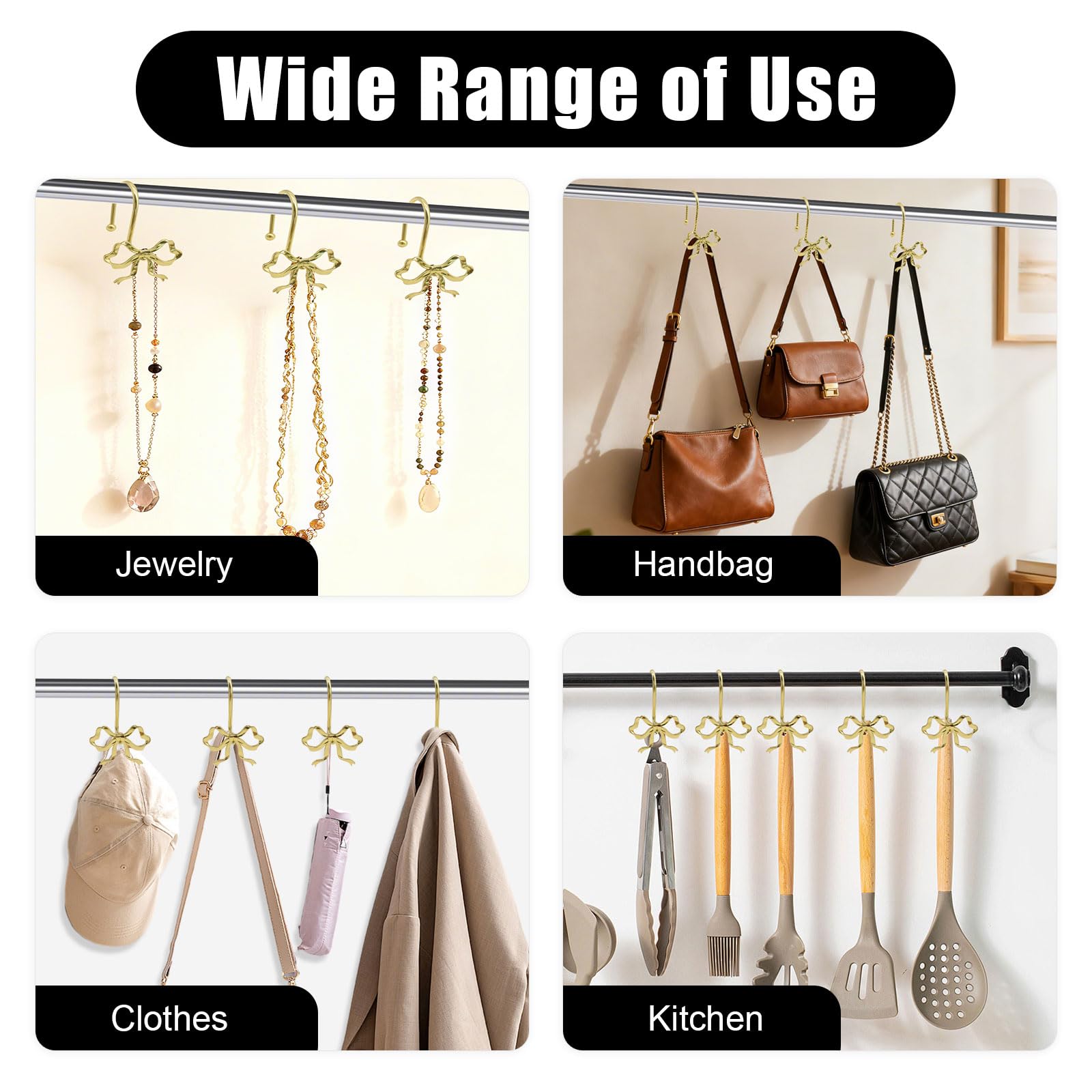 Bow Decorative Shower Curtain Hooks, Fshion Bowknot Shower Curtain Rings, Modern Bow Shower Curtain Hangers, 12PCS Shower Hooks for Shower Curtain, Home Decor, Bathroom, Bedroom, Living Room (Gold)
