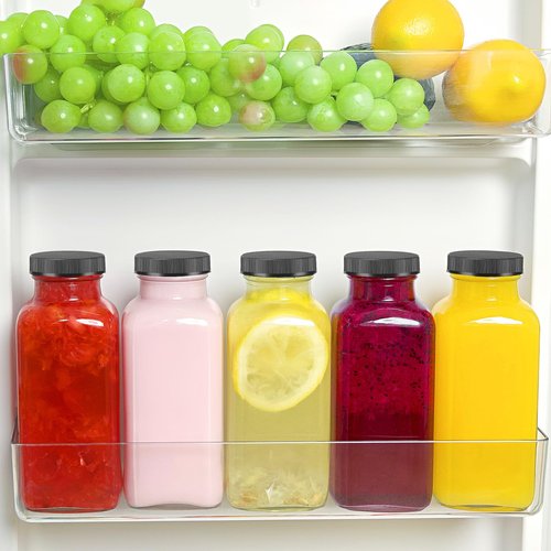 TUZAZO 10 Pack 12 Oz Glass Juice Bottles with Lids, Reusable Travel Drinking Jars Juice Containers, Glass Bottles for Juicing with Brush, Straws, Lids with Hole