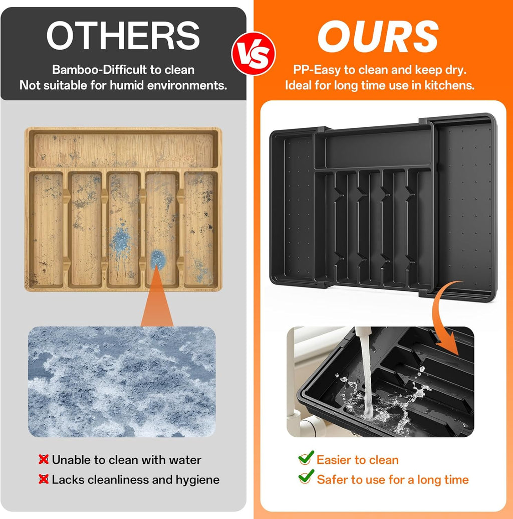 RoomHacks Large Silverware Organizer - Expandable Utensil Drawer Holder | BPA-Free, Adjustable, Black (6-8 Slots)