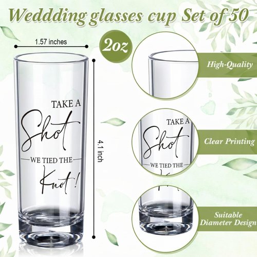 Sliner 50 Set Wedding Favors for Guests Bulk 2oz Acrylic Take a Shot We Tied the Knot Shot Glasses with Thank You Cards Organza Bags for Guest Souvenirs Wedding Gifts Newlyweds Bridal Shower Party