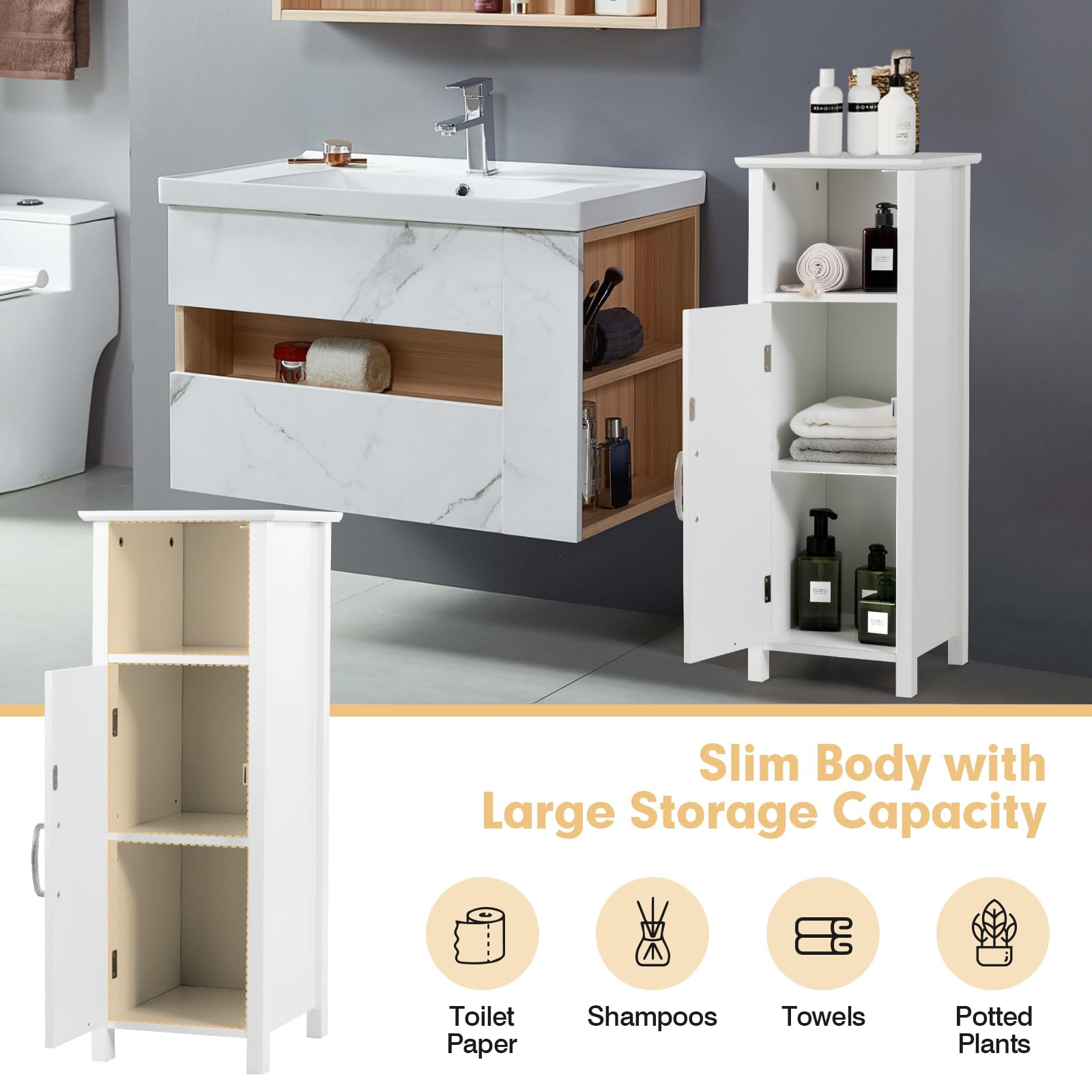 COSTWAY Bathroom Storage Cabinet, Freestanding Narrow Storage Organizer with Open Shelf & Adjustable Shelf, Small Slim Floor Cabinet for Bathroom, Living Room, Entryway, Office, White