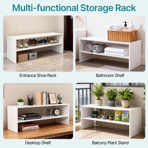 DUMOS 31 Inch Stackable White Shoe Rack, 2-Tier Wooden Storage Benches Organizer, Freestanding Entryway Bench for 6-9 Pairs Shoes, for Entryway, Office, Bathroom Use, White