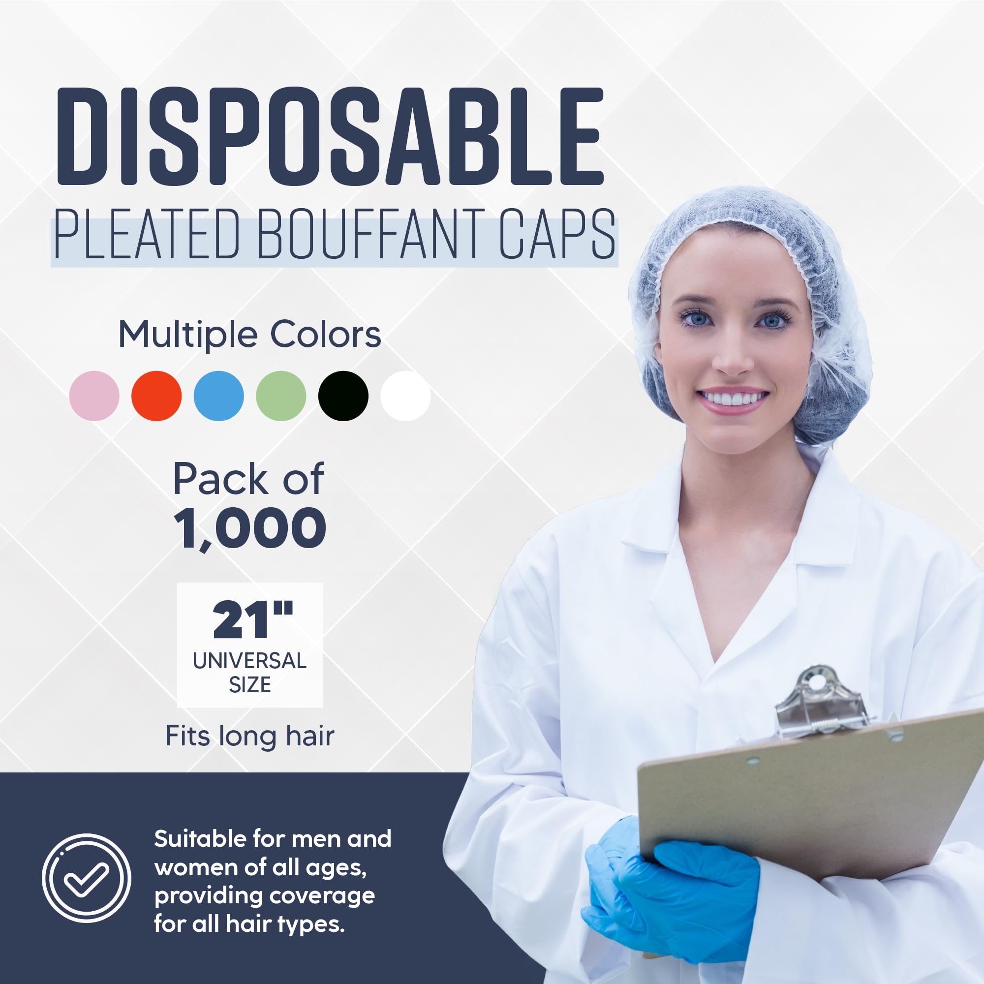 Medical Nation Hair Net, Disposable Pleated Hair Nets |Black, 1000 Count| Bouffant Hair Cap Hair Nets for Food Service, Medical Use - 21" Hairnets for Women & Men - Latex Free with Elastic Band, Black