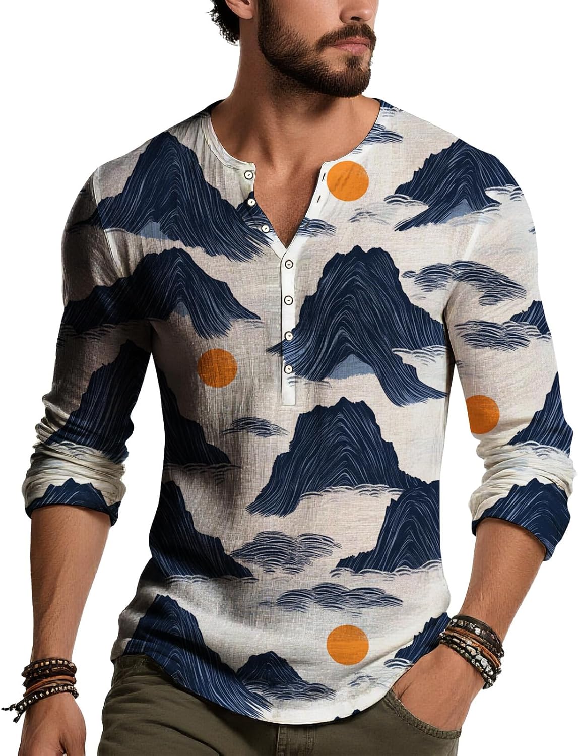 Skiennix Men's Long Sleeve Henley Shirt - V Neck Button Down Casual Top in Floral Print