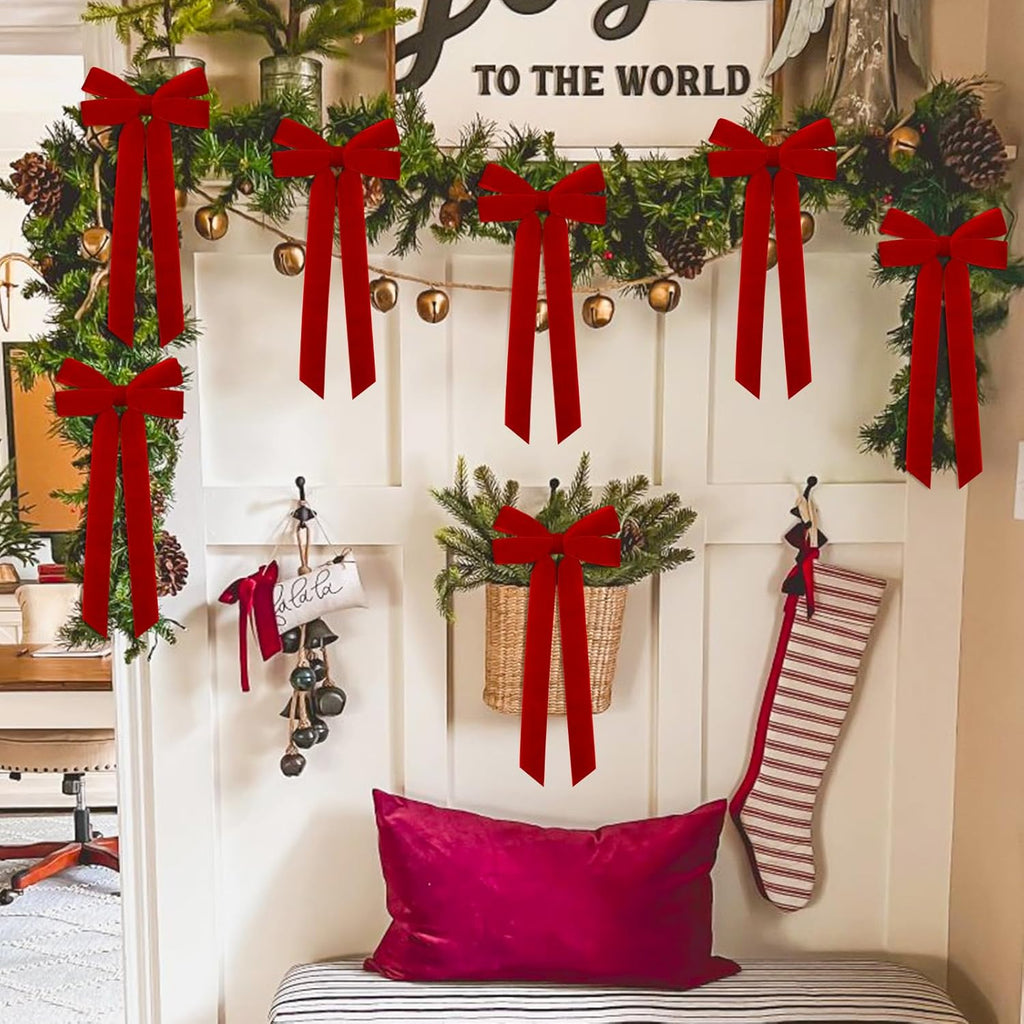 Regine Switzerland 12Pcs Red Velvet Ribbon Bows - 5in X 10in Christmas Tree & Wreath Decorations | Rustic Holiday Decor