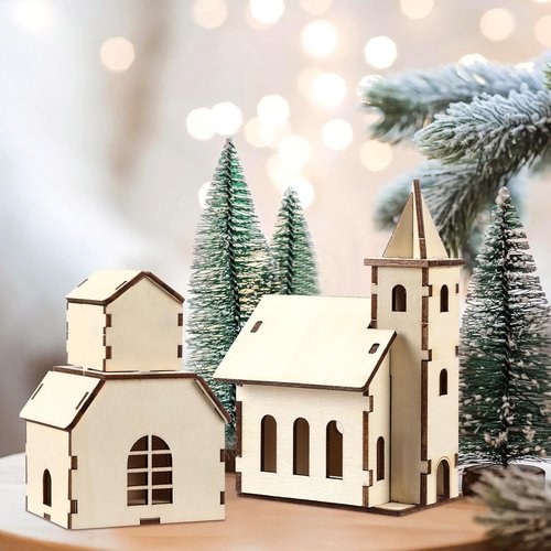 Hiboom 24 Pcs DIY Christmas Village Set - Rustic Wooden Houses & Church for Winter Decor
