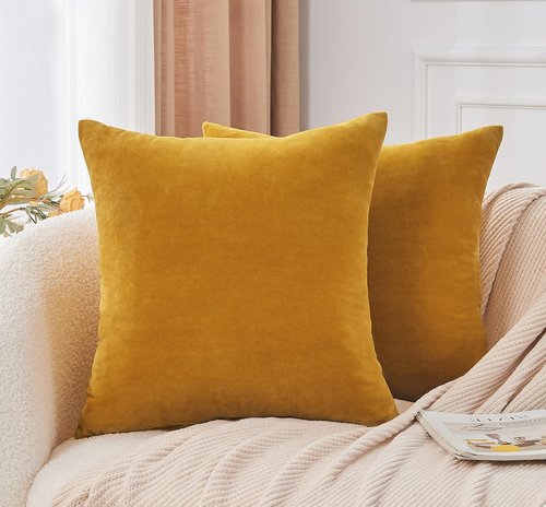 GriNeed Throw Pillow Covers Mustard Yellow Set of 2 18x18 Inch Fall Pillow Covers, Soft Velvet Farmhouse Neutral Decorative Pillowcases for Couch Sofa Bed, Home Boho Decor, Modern Cushion Covers