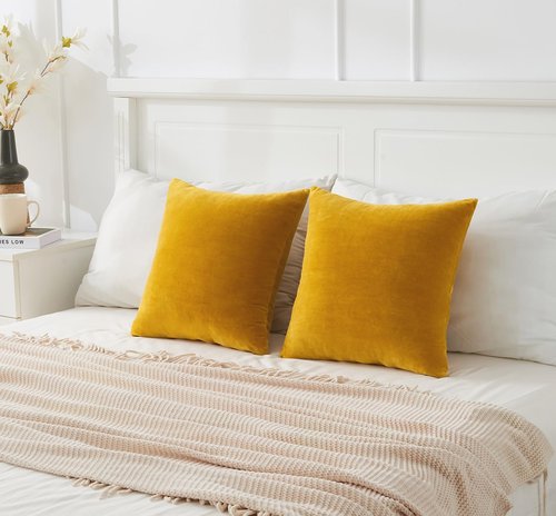 GriNeed Throw Pillow Covers Mustard Yellow Set of 2 18x18 Inch Fall Pillow Covers, Soft Velvet Farmhouse Neutral Decorative Pillowcases for Couch Sofa Bed, Home Boho Decor, Modern Cushion Covers