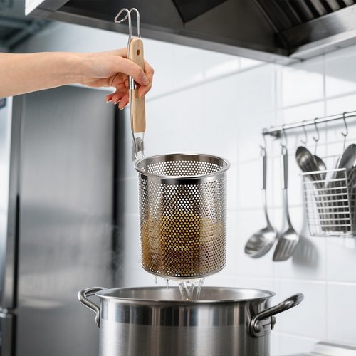 ZAVOOS 4 Pack Pasta Strainer, 5.5''D x 6''H Large Stainless Steel Mesh Spider Noodle Basket with Wood Handle, Fine Kitchen Food Skimmer Cooker for Spaghetti, Dumpling Boiling, Rinsing, Blanching