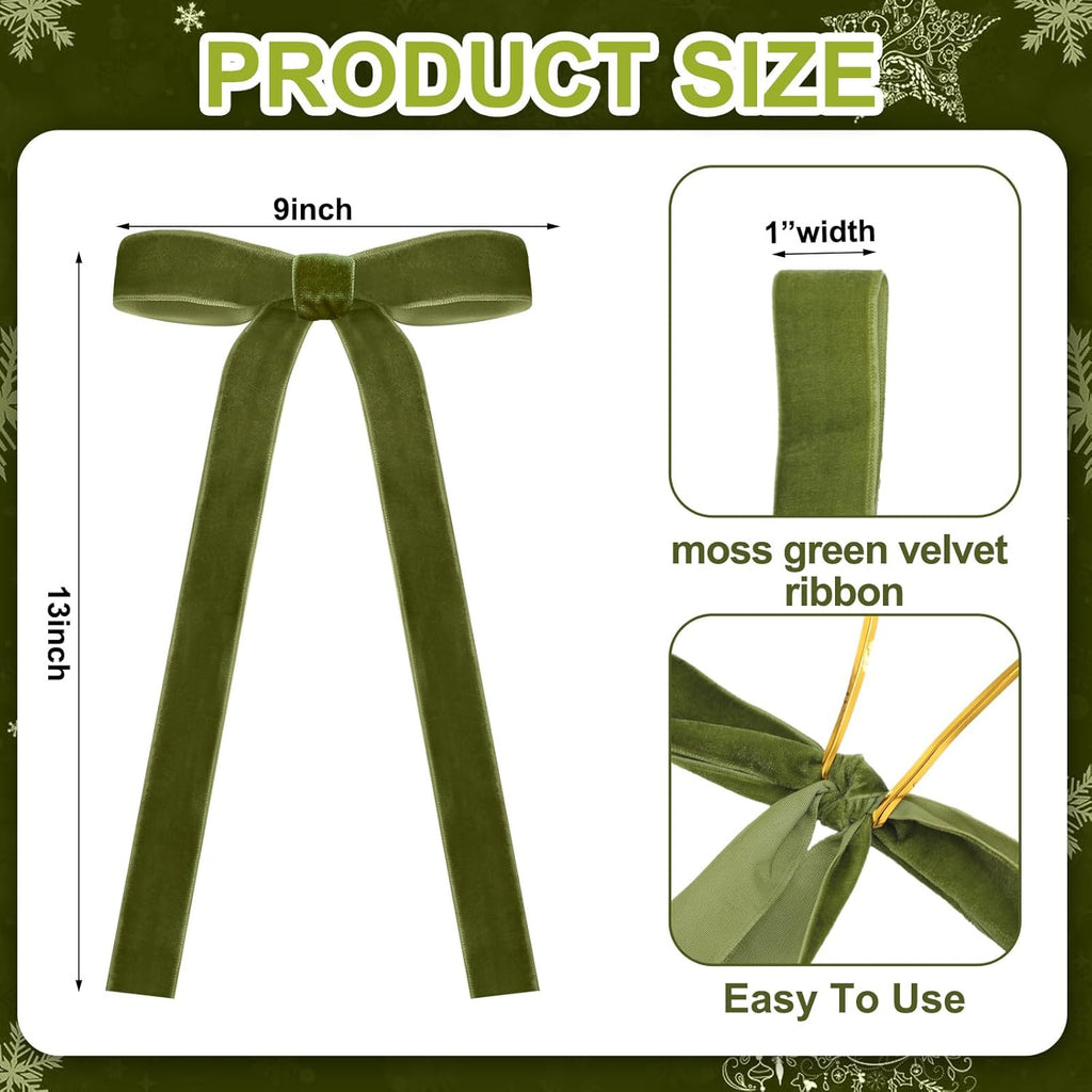 Skiennix 24 Pcs Velvet Bows - Vintage Ribbon Bows for Christmas Tree & Crafts | Moss Green, 9 x 13 Inch