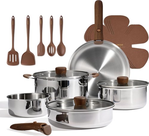 CAROTE 19-Piece Stainless Steel Cookware Set - Induction-Compatible Pots & Pans with Removable Handles | Oven Safe, Woodgrain Finish