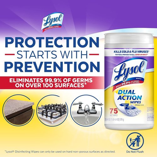 Lysol Dual Action Disinfectant Wipes - Multi-Surface Antibacterial Scrubbing Wipes, Citrus Scent, 75ct (Pack of 4)