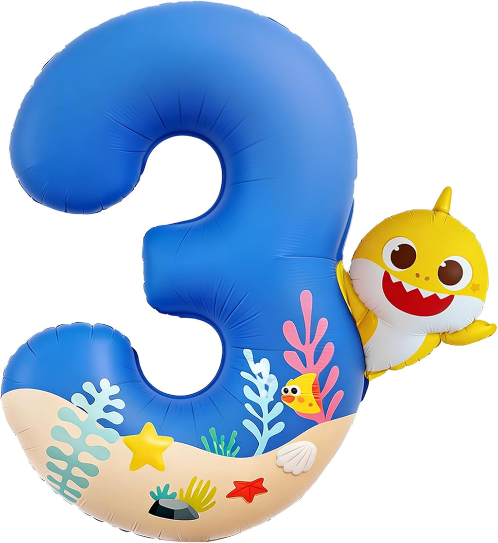 Baby Shark | PartyWoo 40-Inch Blue Foil Number 3 Balloon - Mylar Helium Birthday Decoration for Kids