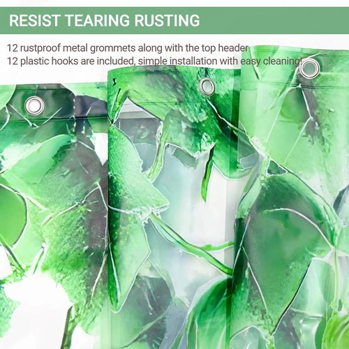Clear Green Ivy Leaves Shower Curtain Liner, Transparent Plastic Nature Green Botanical Leaf Decorative Waterproof Shower Curtains for Bathroom, 72x72 Weighted Magnetic Shower Curtain Liner with Hooks