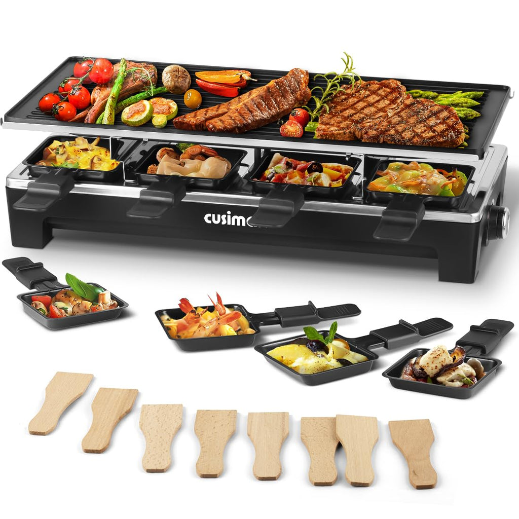 Raclette Table Grill, CUSIMAX Electric Grill, Indoor Grill Korean BBQ Grill With 2 in 1 Reversible Non-stick Plate, Crepe Maker with Adjustable temperature control, 8 Raclette Pans & Wooden Spatulas