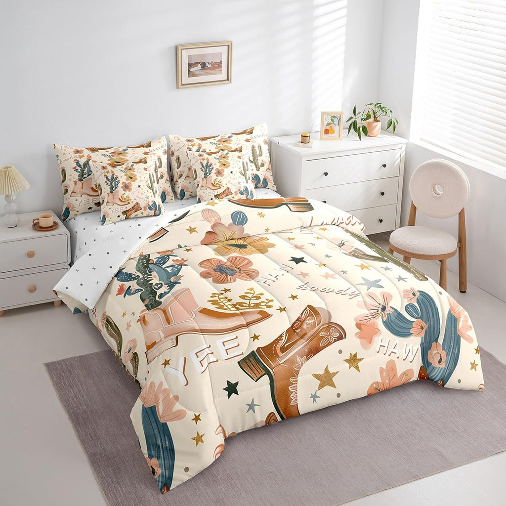Manfei 7pcs Cowgirl Comforter Set Twin Size, Country Western Cowboy Boots Bedding Set with Sheets for Kids Girls Teens Room Decor, Wild West Cactus Flower Bed in a Bag Cute Cartoon Brown Bed Set