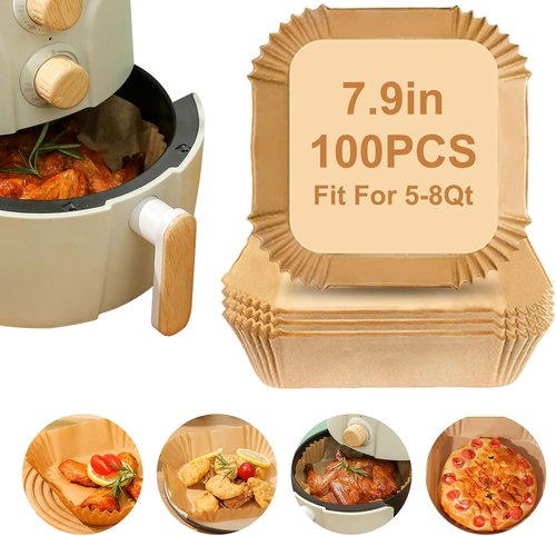 Air Fryer Paper Liners - 100 Pcs Non-Stick Parchment Liners for 7.9” Square Baskets | Food Grade Accessories
