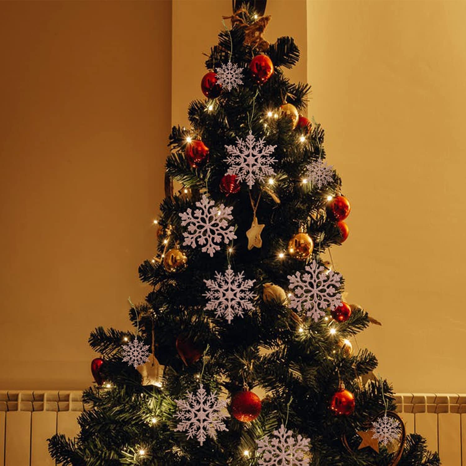 Regine Switzerland 36-Piece Christmas Rose Gold Snowflake Ornaments - Glittery Winter Tree Decor