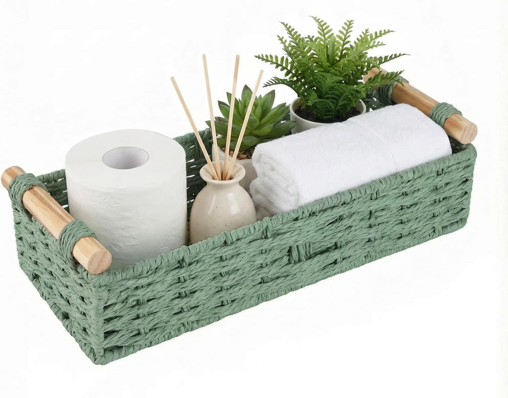 Skiennix Small Bathroom Storage Baskets - Woven Paper Rope Organizing Baskets in Sage Green | Perfect for Home Decor & Gifts