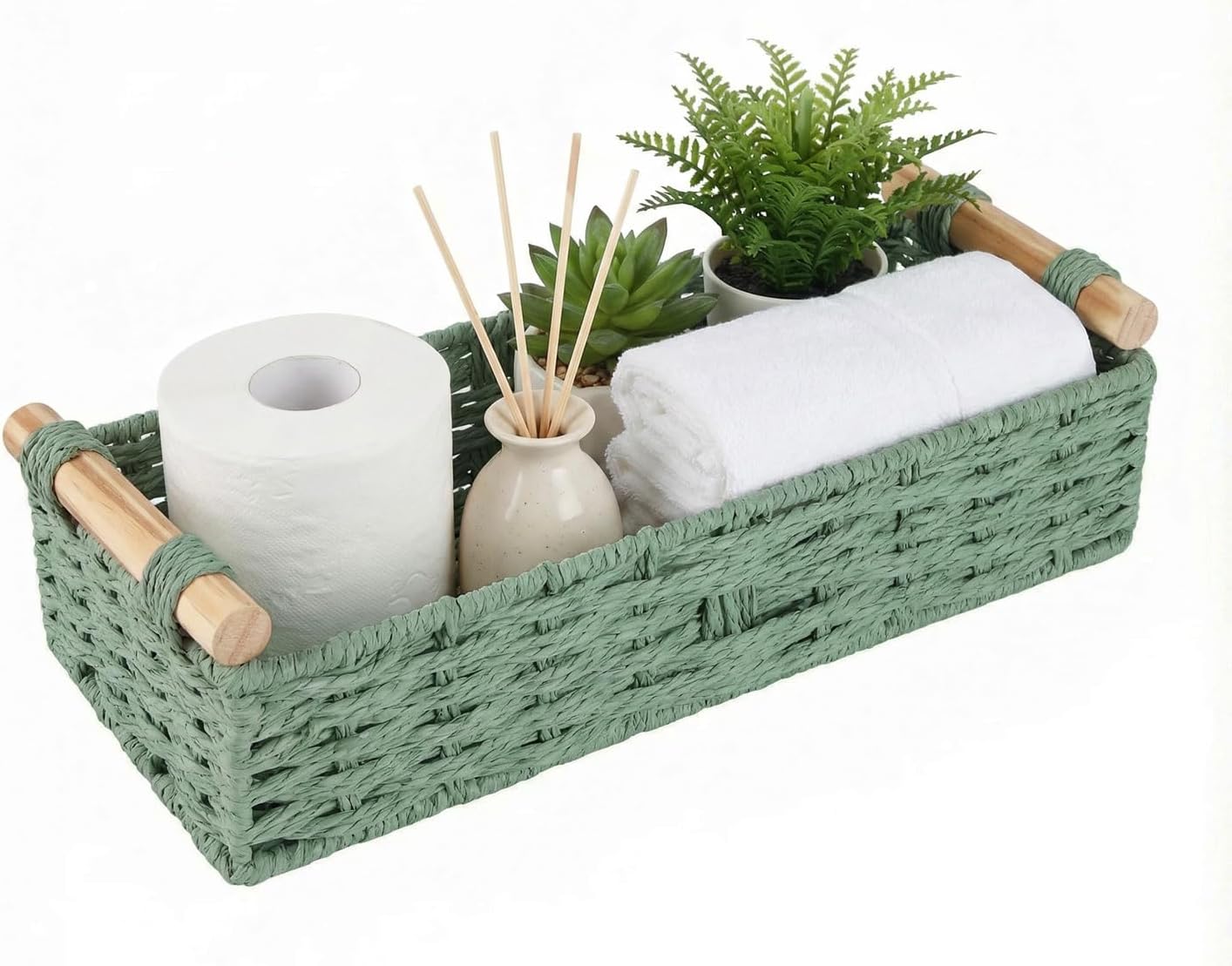 Skiennix Small Bathroom Storage Baskets - Woven Paper Rope Organizing Baskets in Sage Green | Perfect for Home Decor & Gifts