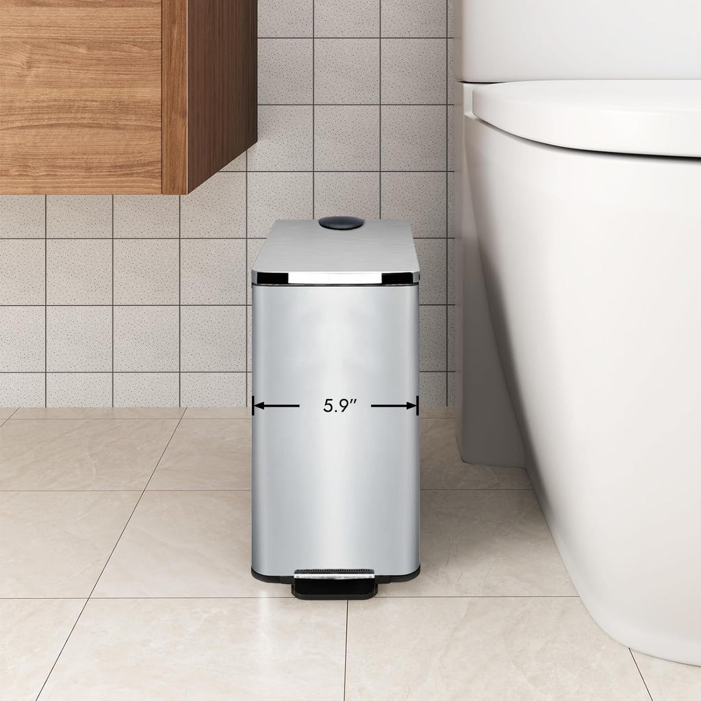 Stainless Steel Small Trash Can - 6L Soft Close Garbage Can with Lid & Step Pedal | Chrome Finish for Bathroom, Bedroom, Kitchen & Office