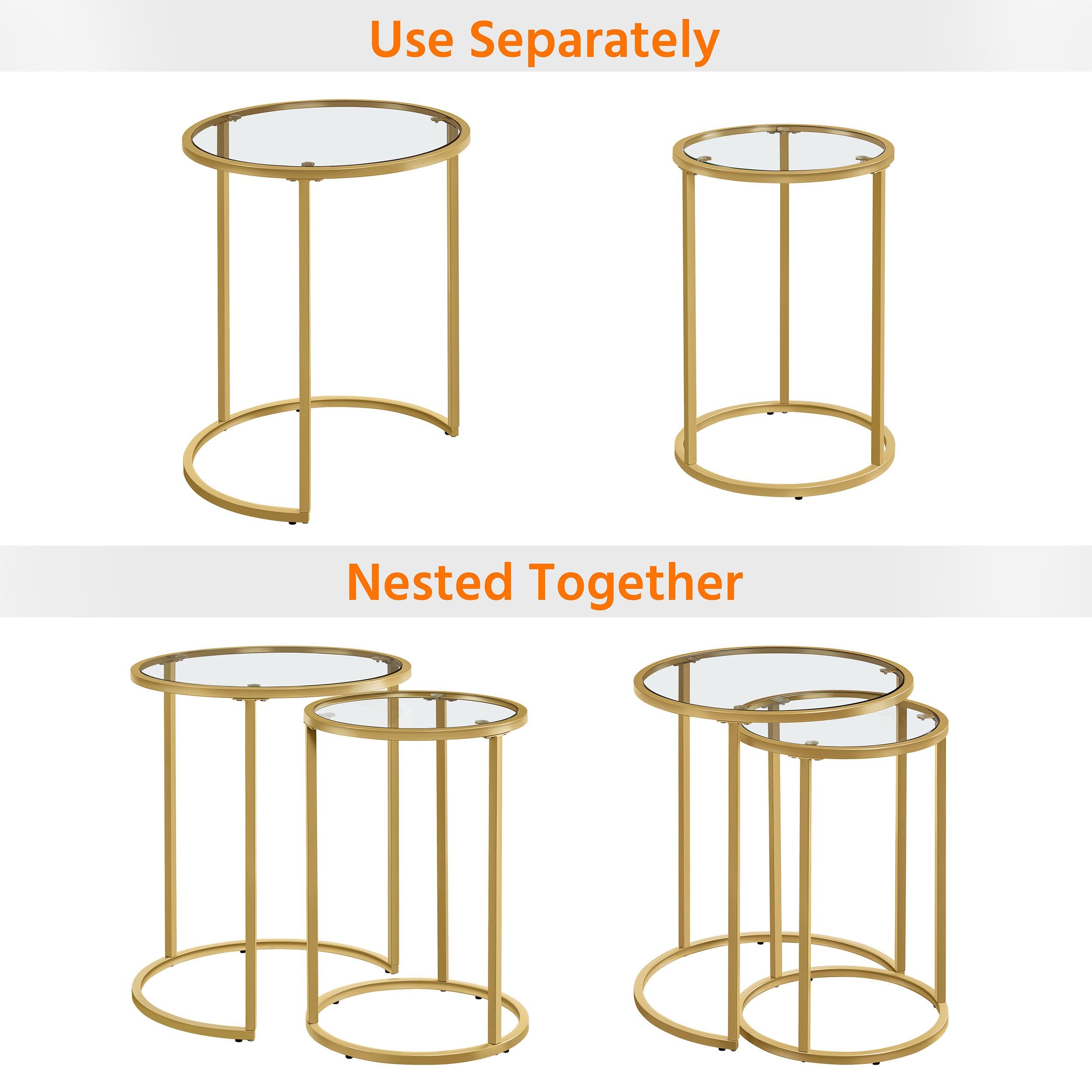 Yaheetech Round Nesting Side Table Stacking Coffee Table, Set of 2 Circular End Tables w/Metal Frame & Tempered Glass Top & Protective Foot Pads for Small Space Living Room Office, Mustard Gold