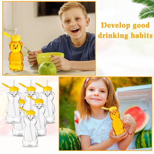 Thenshop 32 Pack Honey Bear Bottle with Straws Empty Plastic Cup Honey Jar Containers Bear Shaped Squeeze Bottle Storing and Dispensing Yellow Flip Top Lid Assistive Cups(12oz)
