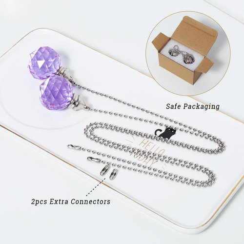 2 Pieces Purple Crystal Ceiling Fan Pull Chain Prism Ball 30mm Dazzling Pull Chain Extension with Connector for Ceiling Light Fan