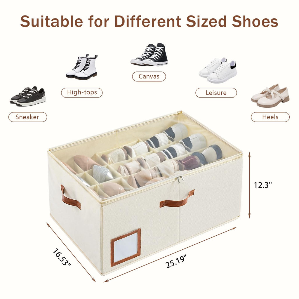 INSTY Shoe Organizer for Closet Fit 24 Pairs, Large Foldable Shoe Storage Containers Box Bin w/Adjustable Dividers and Clear Cover, Space Saving Shoe Storage Organizer Box, Beige