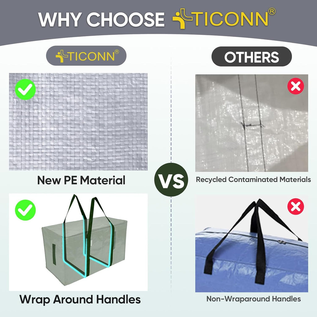 TICONN Extra Large Heavy-Duty Moving Bags - Durable Storage with Zippers & Handles | 6 Pack, Olive