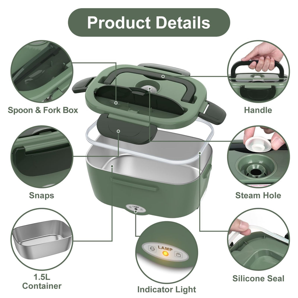 Vabaso Electric Lunch Box for Adults, 80W Heated Lunch Box with Dual 1.5L Stainless Steel Containers, Portable Food Warmer for Men Work Car Truck, 12V/24V/110V/220V