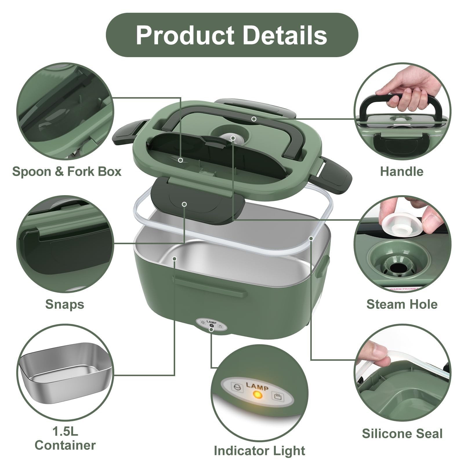 Vabaso Electric Lunch Box for Adults, 80W Heated Lunch Box with Dual 1.5L Stainless Steel Containers, Portable Food Warmer for Men Work Car Truck, 12V/24V/110V/220V